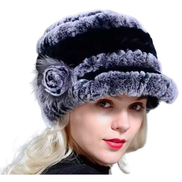 Title Unknown Accessories - Russian Winter Rex Rabbit fur brimmed peaked hat black/gray Mob Wife Luxury